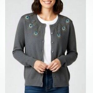 Lands End women's embroidered beaded gray cardigan cotton/cashmere size Large
